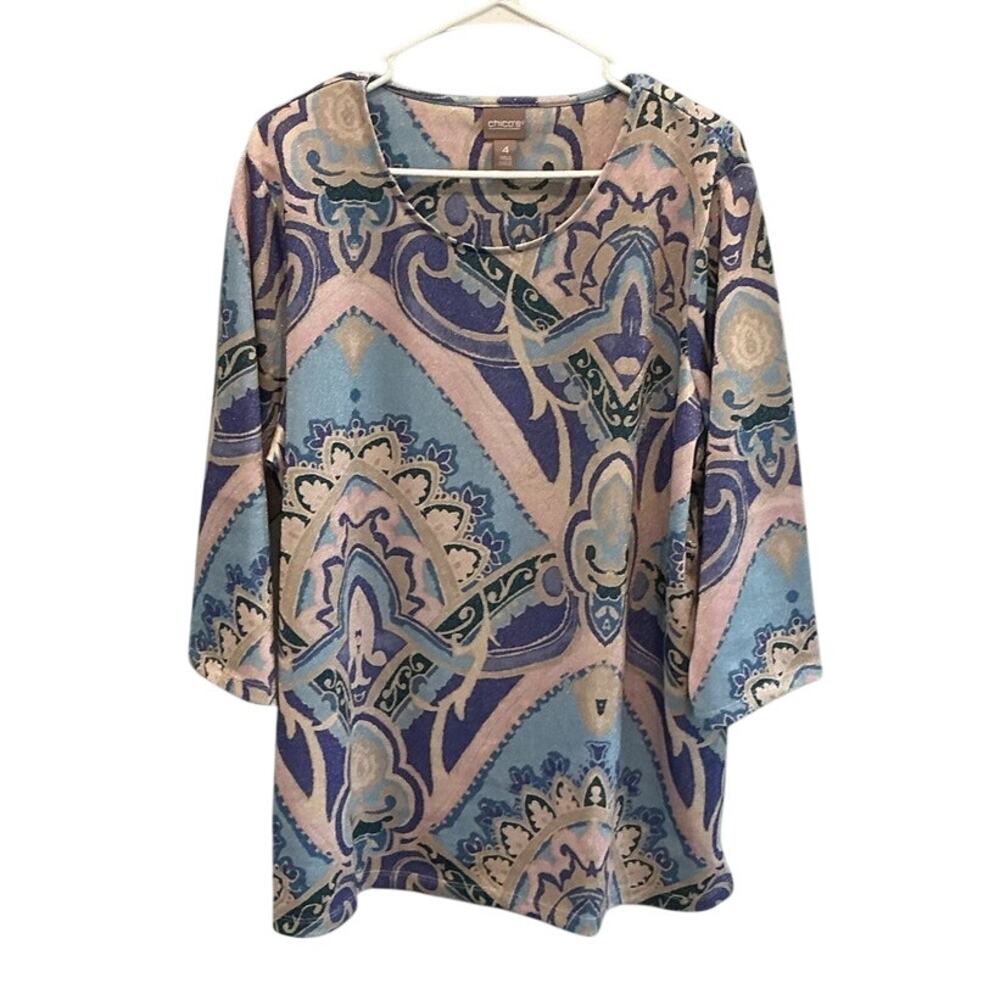 Chicos Womens Lightweight Knit Tunic Top Blue Pink Office Summer Size 4 XXL 2X